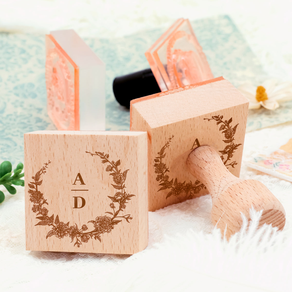 Custom Botanical Wedding Monogram Rubber Stamp (18 Designs)4