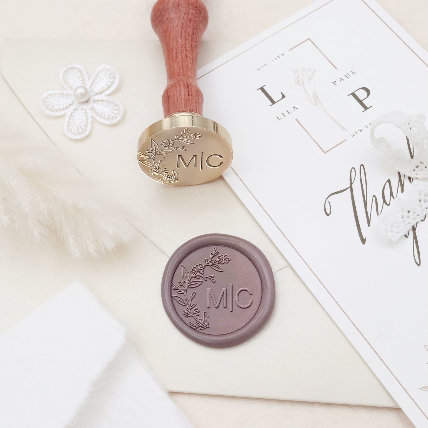Custom Borderless Botanical Wedding Monogram Wax Seal Stamp - Style 3 3