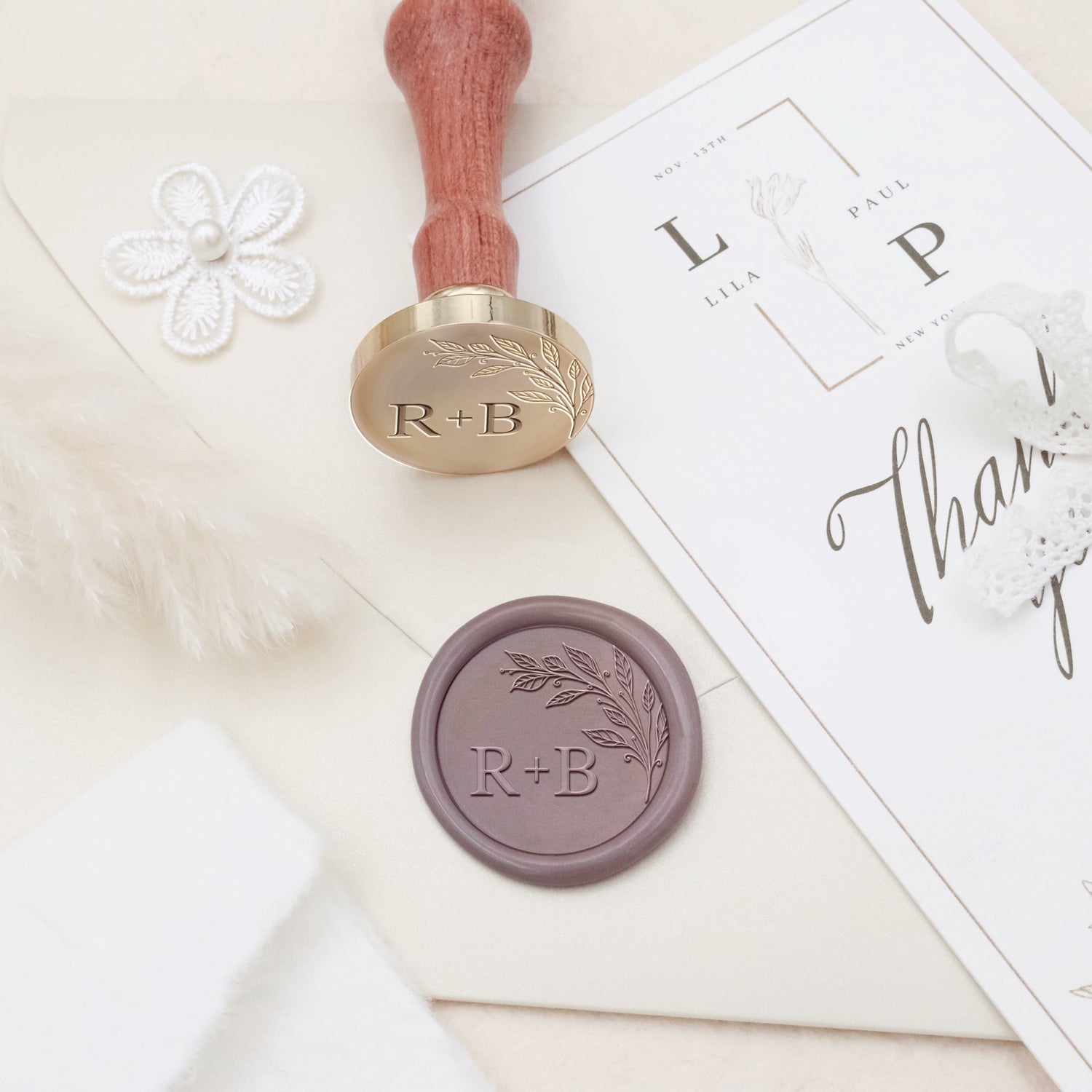 Custom Borderless Botanical Wedding Monogram Wax Seal Stamp - Style 5 3