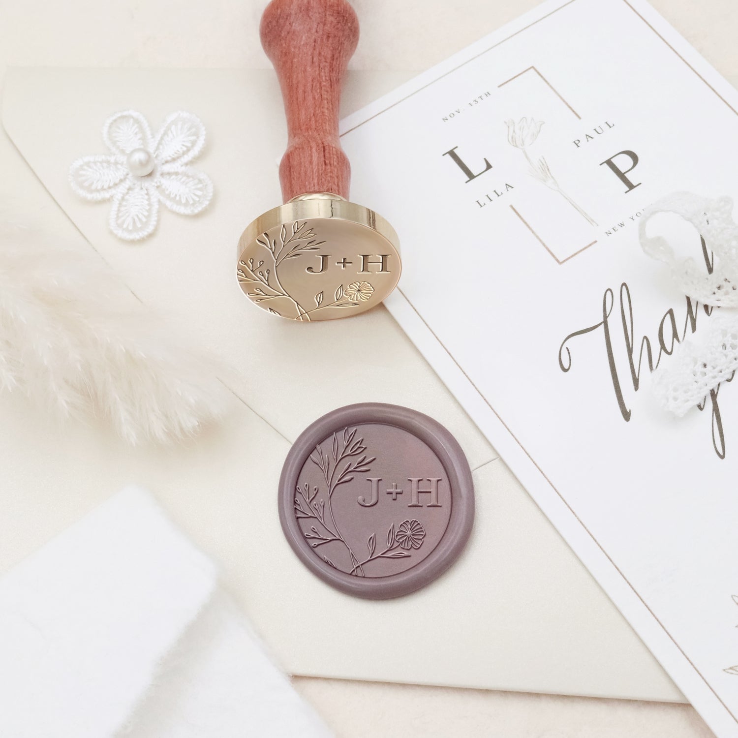 Custom Borderless Botanical Wedding Monogram Wax Seal Stamp - Style 15 3