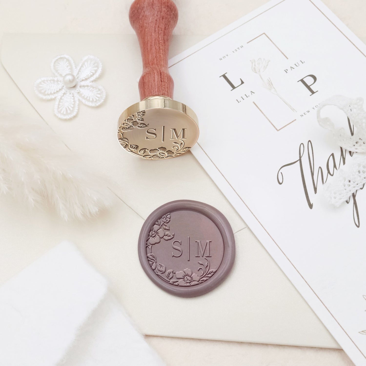 Custom Borderless Botanical Wedding Monogram Wax Seal Stamp - Style 22 3
