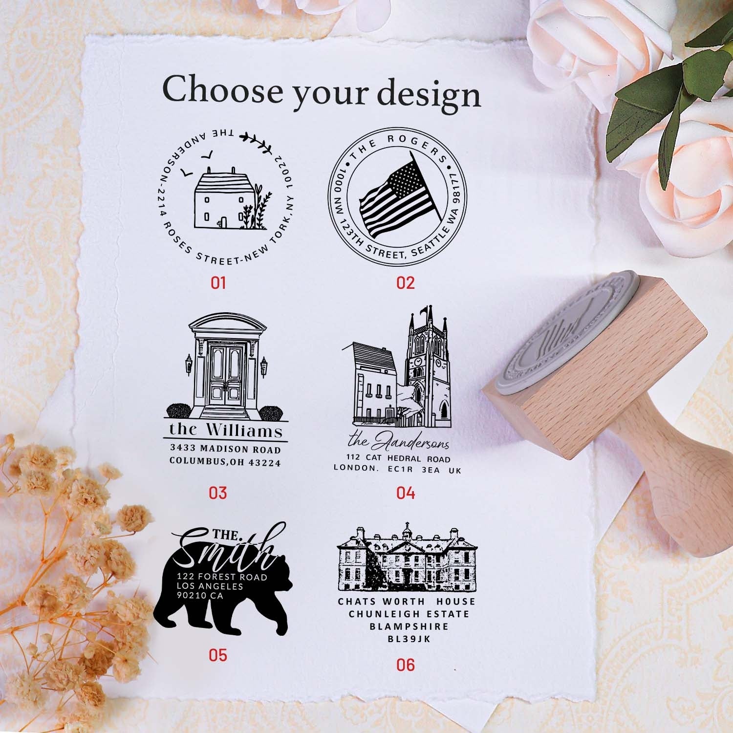 Custom Square Wooden Rubber Address Stamp - 11 Designs4