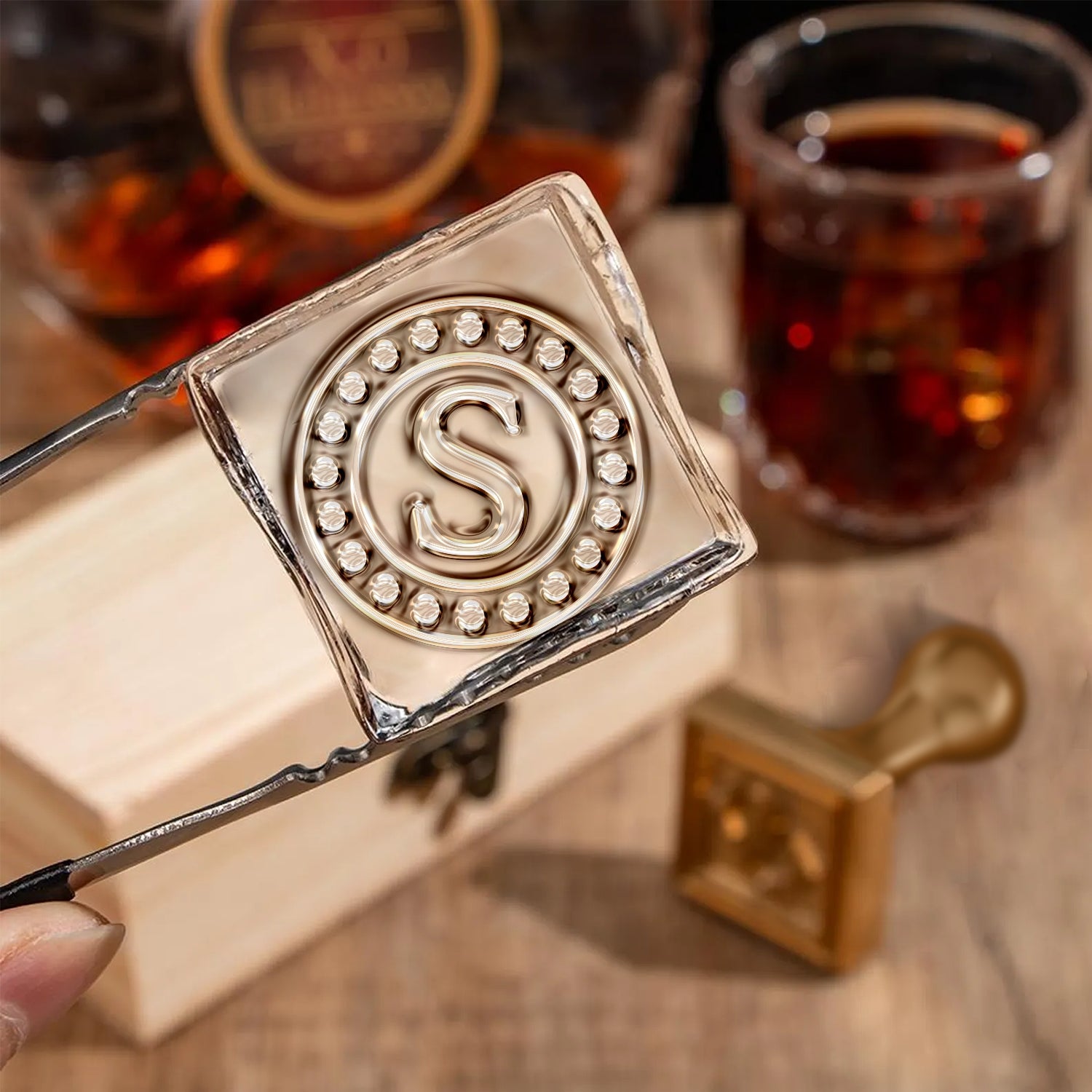 Elite Shield Single Monogram Brass Ice Stamp for Bartender & Planner